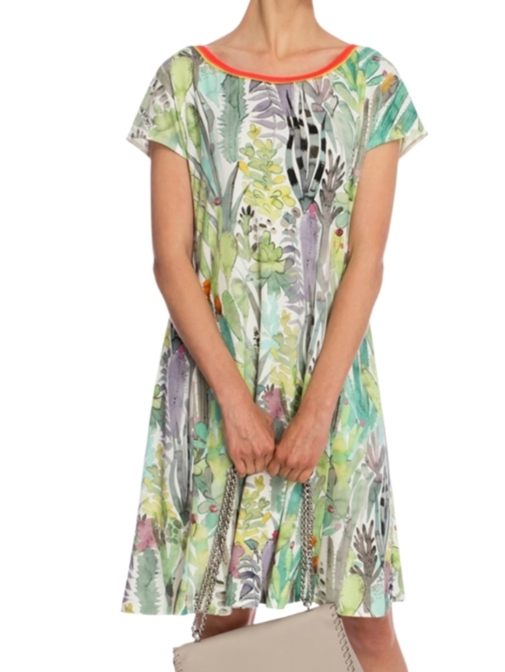 Marc Cain Green Watercolor Floral Casual Dress with Coral Trim